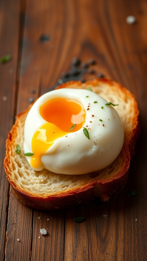 A poached egg on toast, garnished with herbs, with a runny yolk.